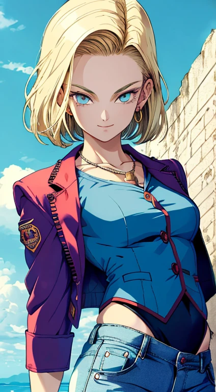 Masterpiece artwork， Best quality at best， ultra detali， absurderes， Beautiful portrait Android18DB， only， ear nipple ring， jewerly， (Ombro to ombro suit:1.5)，neckleace， close-up of the upper body，sensual smile， thongs， vests， clouds， Celestial sky， days days， exteriors，Super jean shortsbest quality， Masterpiece artwork， details Intricate， Tone-mapping， sharp focus， ultra detali， Artstati is the trend，