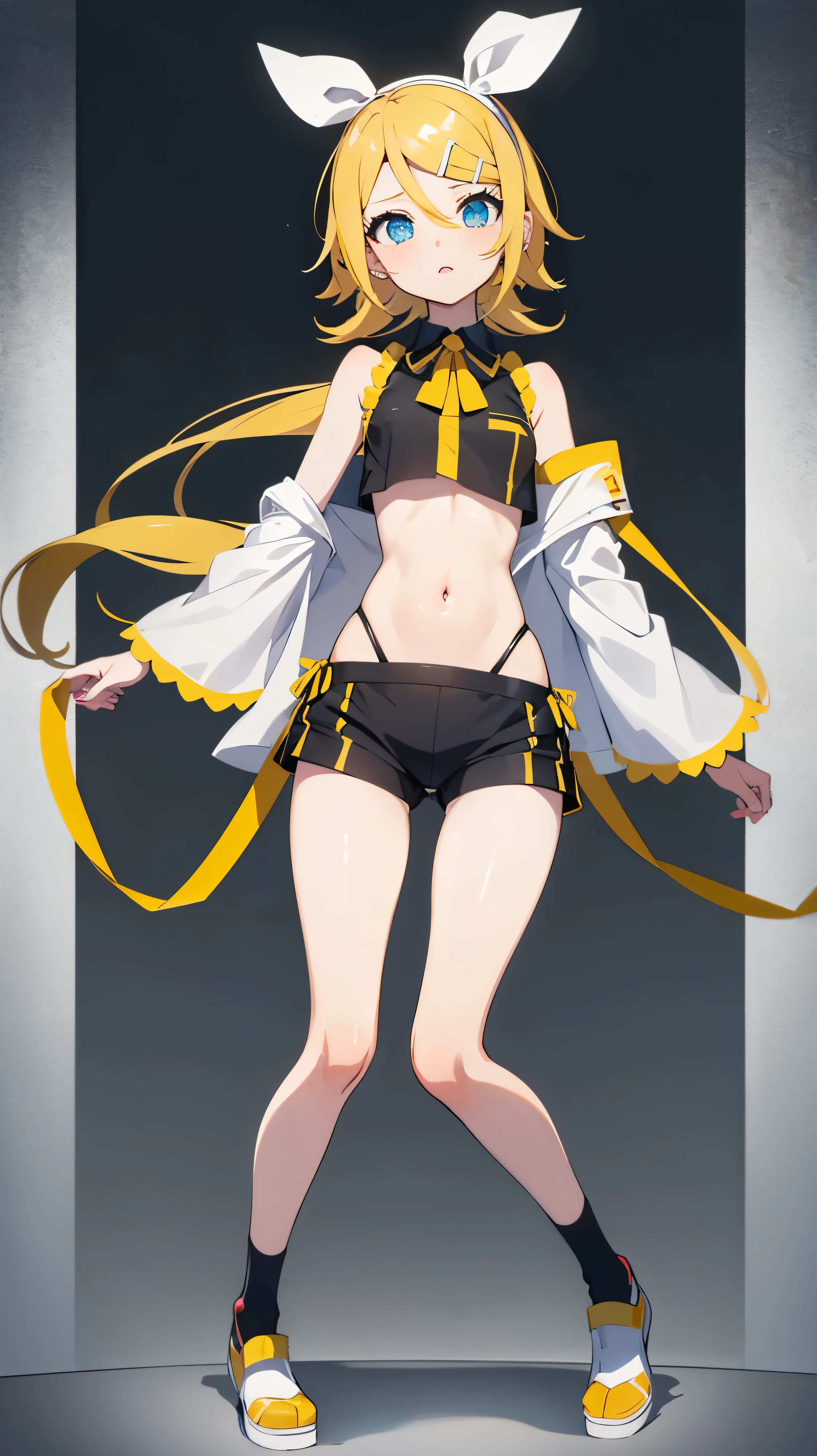 kagamine rin , mini skirt , I can see her panties , Sad face , Blushing , Watching the audience , Full body image , (Perfect figure)