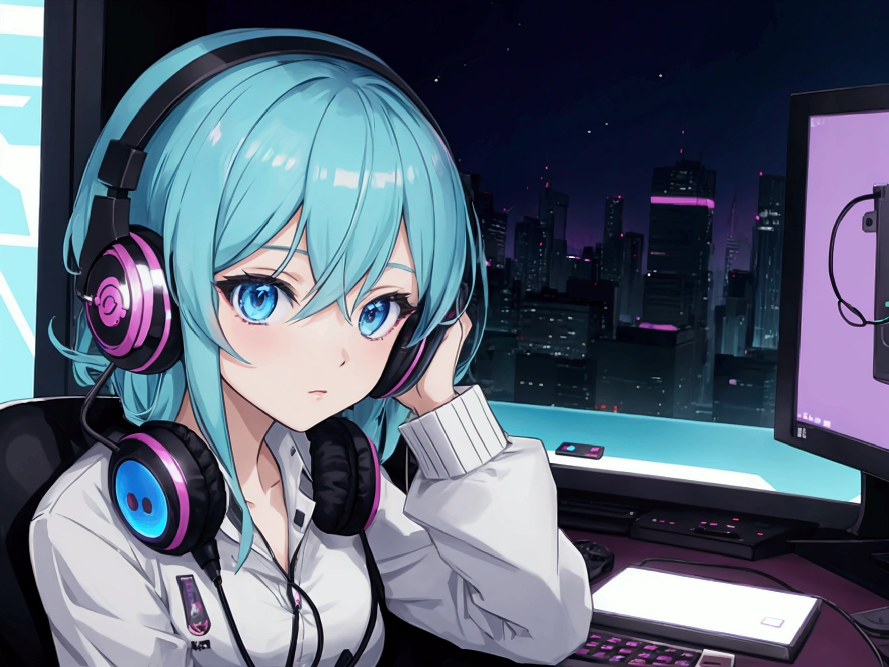 an anime girl eletric, with headphones, listenning music, gaming.