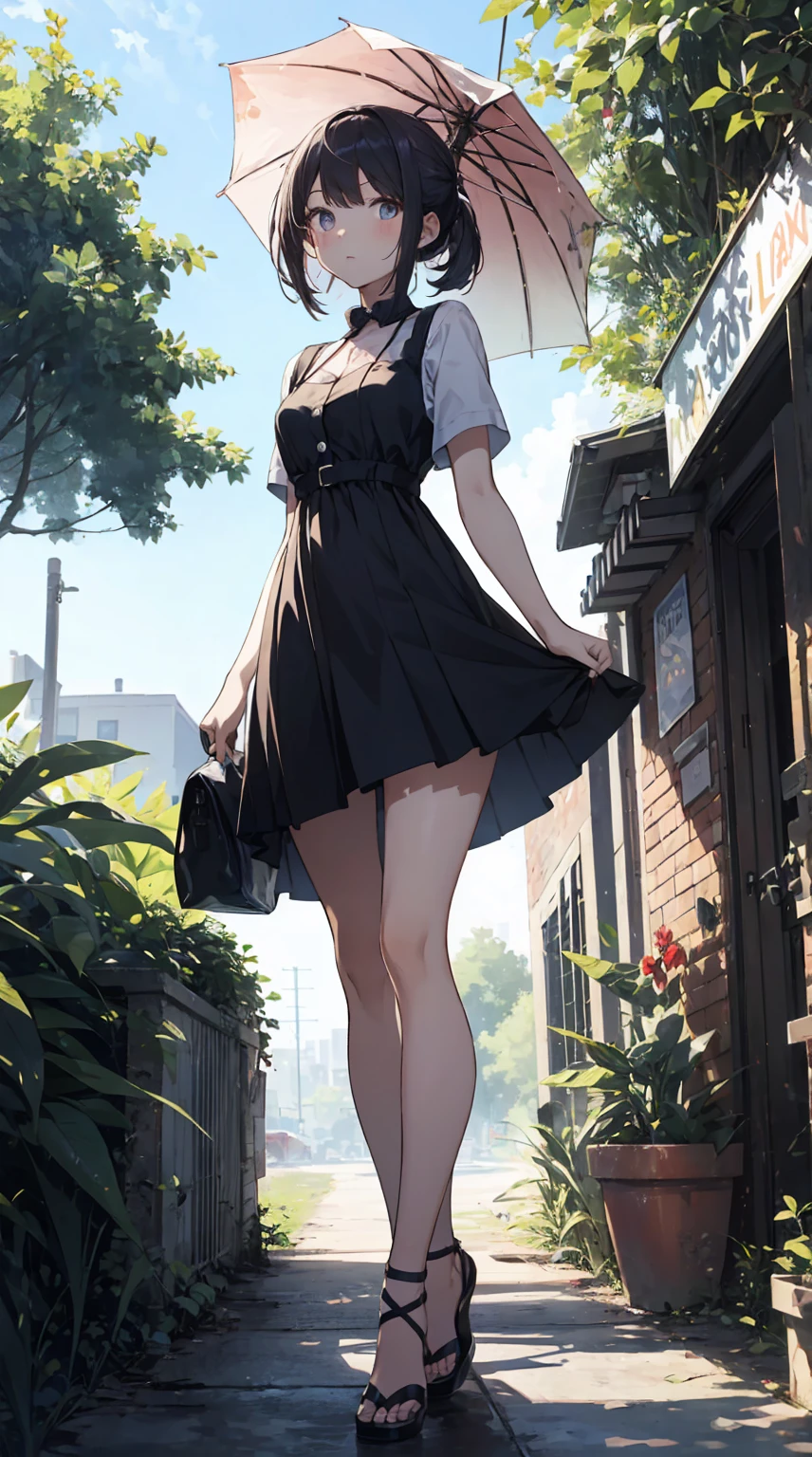 This illustration depicts a cute girl going on a holiday outing. She is in her twenties and has bright eyes. The place is like a park. However, the most noteworthy thing is the "last mysterious high-energy body" she emits. This energy body released from her body has the power to annihilate the garbage in the sky. The blue-white light reaches every corner. She is standing with a parasol and is wearing a dress. It's summer and it's very hot.