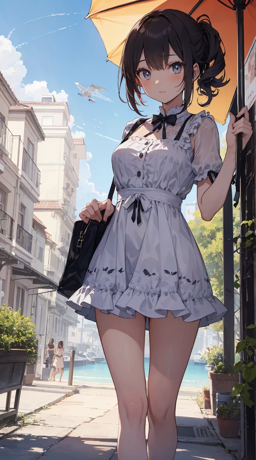 This illustration depicts a cute girl going on a holiday outing. She is in her twenties and has bright eyes. The place is like a park. However, the most noteworthy thing is the "last mysterious high-energy body" she emits. This energy body released from her body has the power to annihilate the garbage in the sky. The blue-white light reaches every corner. She is standing with a parasol and is wearing a dress. It's summer and it's very hot.
