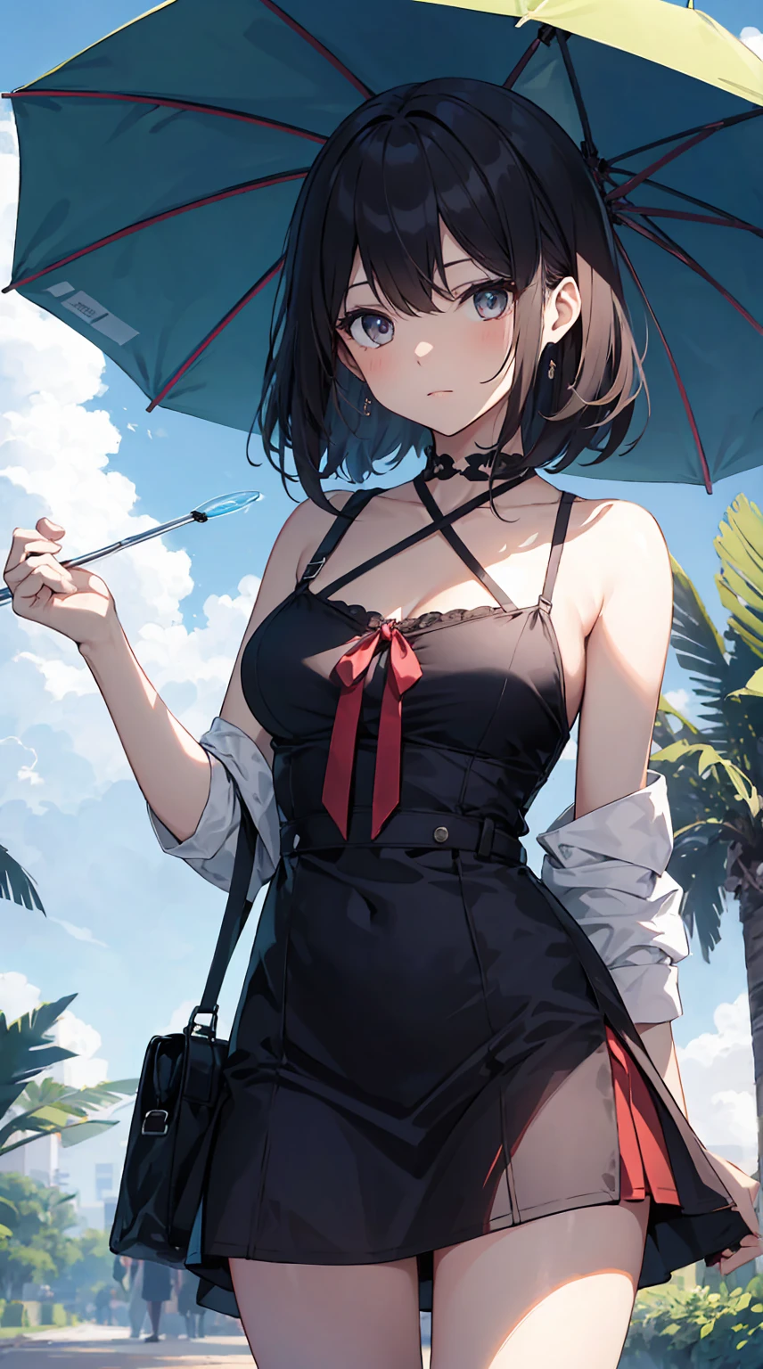 This illustration depicts a cute girl going on a holiday outing. She is in her twenties and has bright eyes. The place is like a park. However, the most noteworthy thing is the "last mysterious high-energy body" she emits. This energy body released from her body has the power to annihilate the garbage in the sky. The blue-white light reaches every corner. She is standing with a parasol and is wearing a dress. It's summer and it's very hot.
