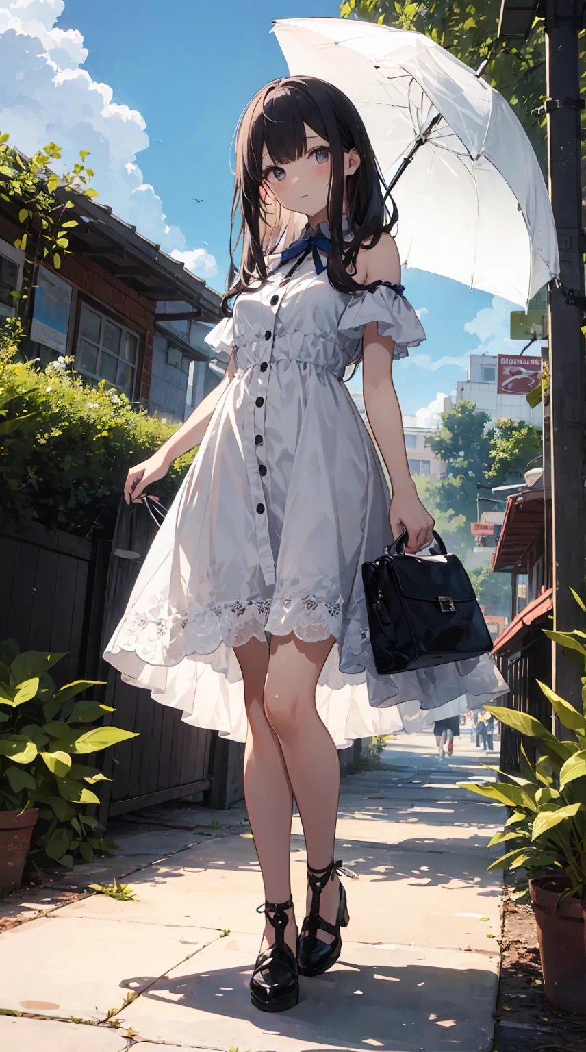 This illustration depicts a cute girl going on a holiday outing. She is in her twenties and has bright eyes. The place is like a park. However, the most noteworthy thing is the "last mysterious high-energy body" she emits. This energy body released from her body has the power to annihilate the garbage in the sky. The blue-white light reaches every corner. She is standing with a parasol and is wearing a dress. It's summer and it's very hot.heavy rain