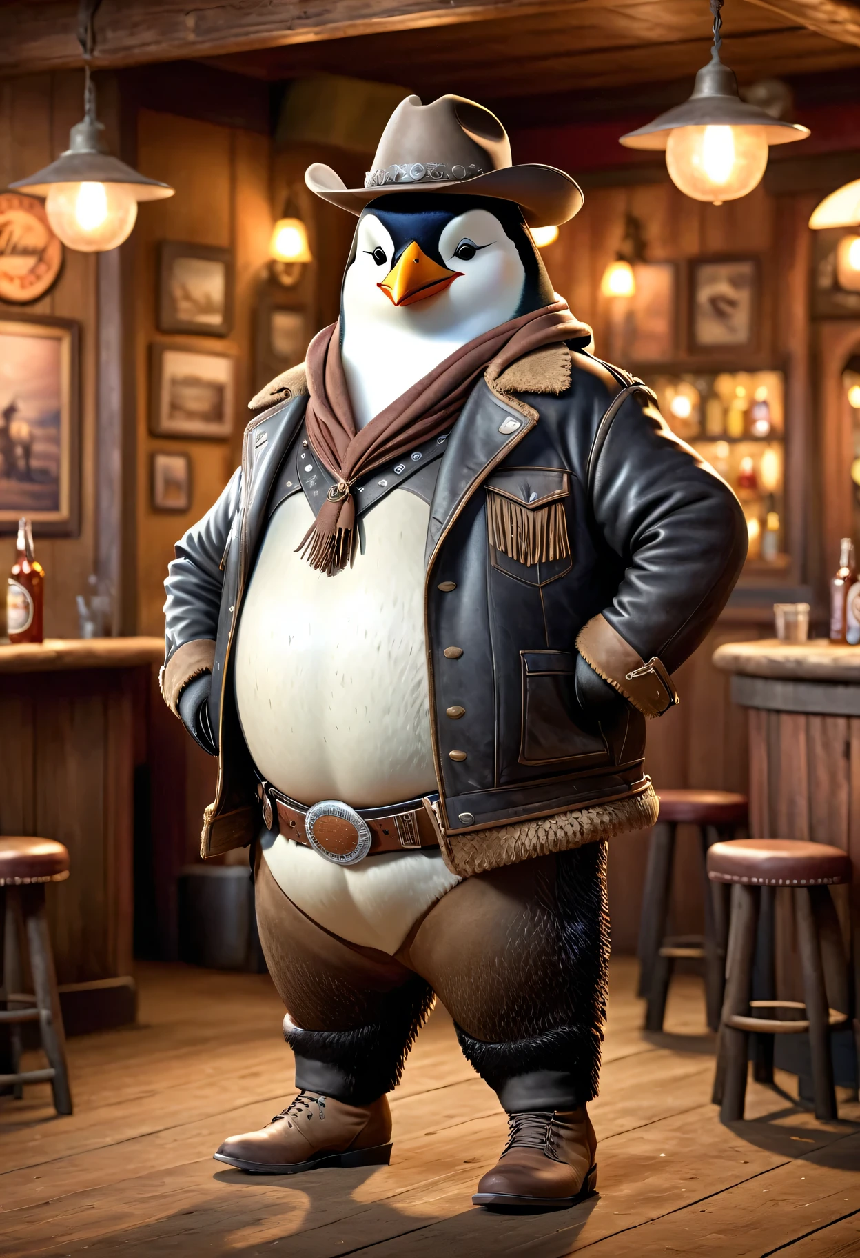 photorealistic portrait of Dressed animals - a ((fat)) (penguin) cowboy, (furry),(full body image:2.0),(brave pose:1.5) Wearing cowboy clothes and hat,(wearing leather pants and jacket),(hands on hips:1.5),(happy),(smile:1.5), Old-fashioned cowboy fashion, in western movie bar background, , western style bar background,(looking at viewer:1.5),score_9, score_8_up, score_7_up, score_6_up, score_5_up, score_4_up,