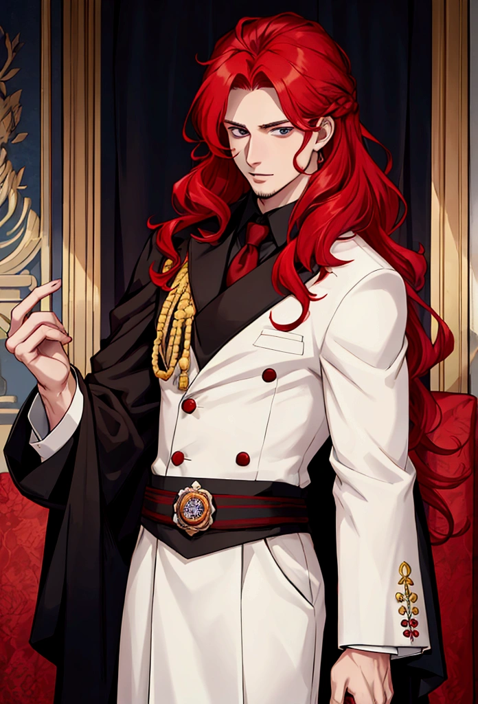 Chico, man, masculine, handsome, attractive, Pale skin, Red hair, shoulder length hair, wavy hair, ropa de la Royals, Royals, duchy.