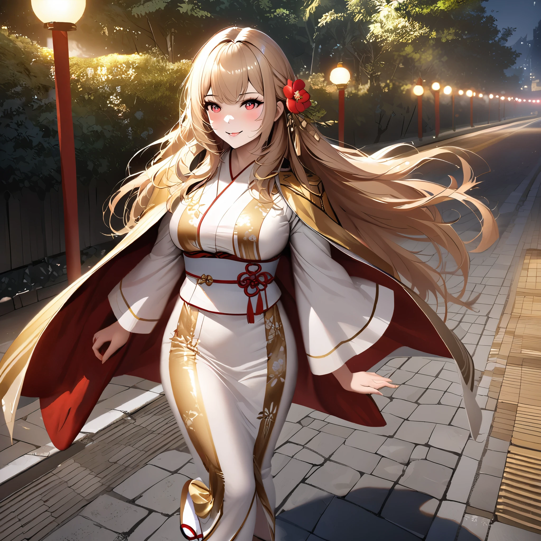 A woman wearing a long-sleeved white yukata, golden leather designs on the yukata, red fur cape on the shoulders, standing, white socks, Japanese slippers, walking on a traditional Japanese sidewalk, daytime, with trees around, breasts big, blonde hair, red flower in the hair, long hair, red eyes, smiling, perfect face, perfect eyes, close view, Azur_lane, HMS_King_George_V, location at night, with perfect lighting, realistic

