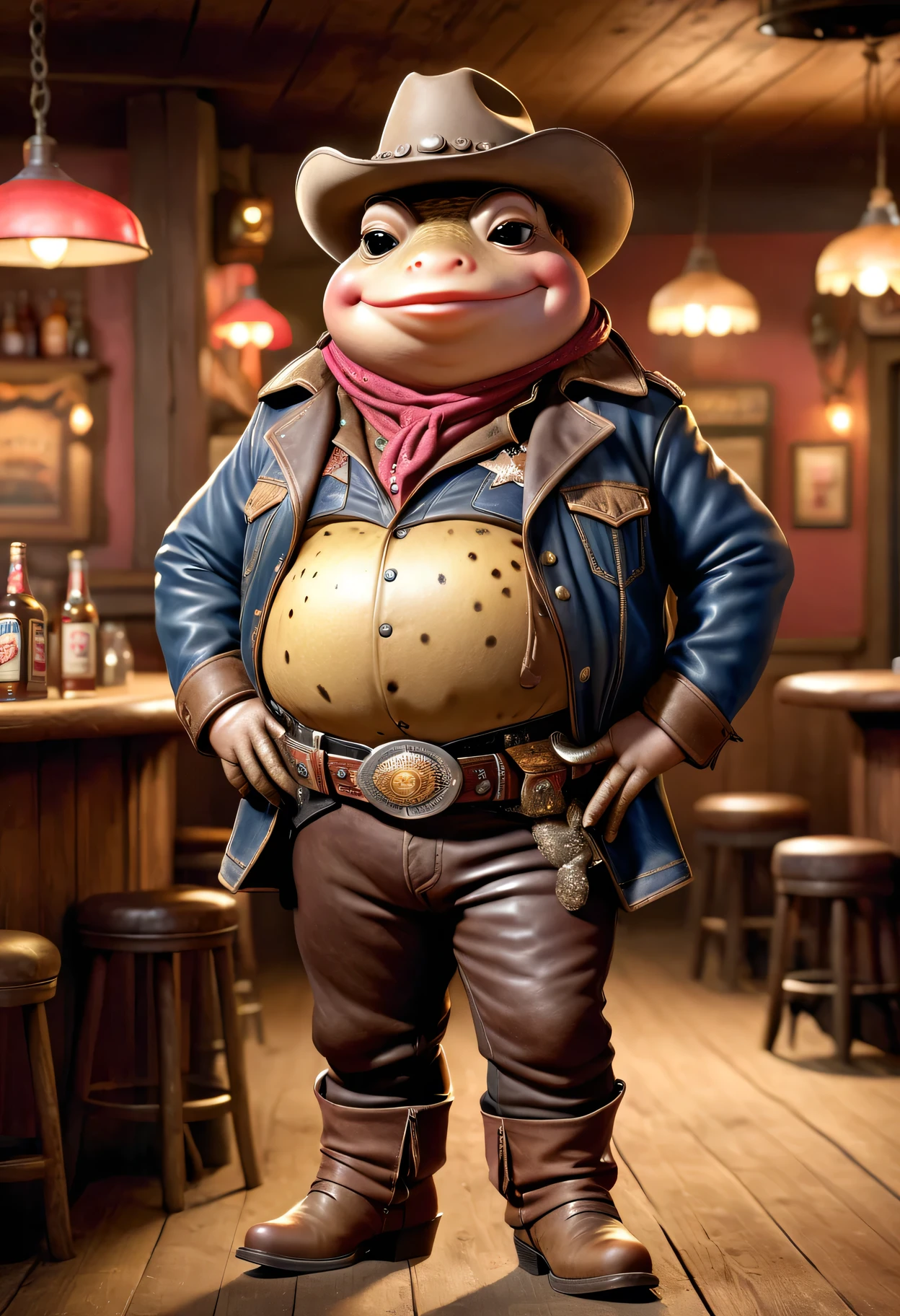 photorealistic portrait of Dressed animals - a ((fat)) (toad) cowboy, (furry),(full body image:2.0),(brave pose:1.5) Wearing cowboy clothes and hat,(wearing leather pants and jacket),(hands on hips:1.5),(happy),(smile:1.5), Old-fashioned cowboy fashion, in western movie bar background, , western style bar  background,(looking at viewer:1.5),score_9, score_8_up, score_7_up, score_6_up, score_5_up, score_4_up,