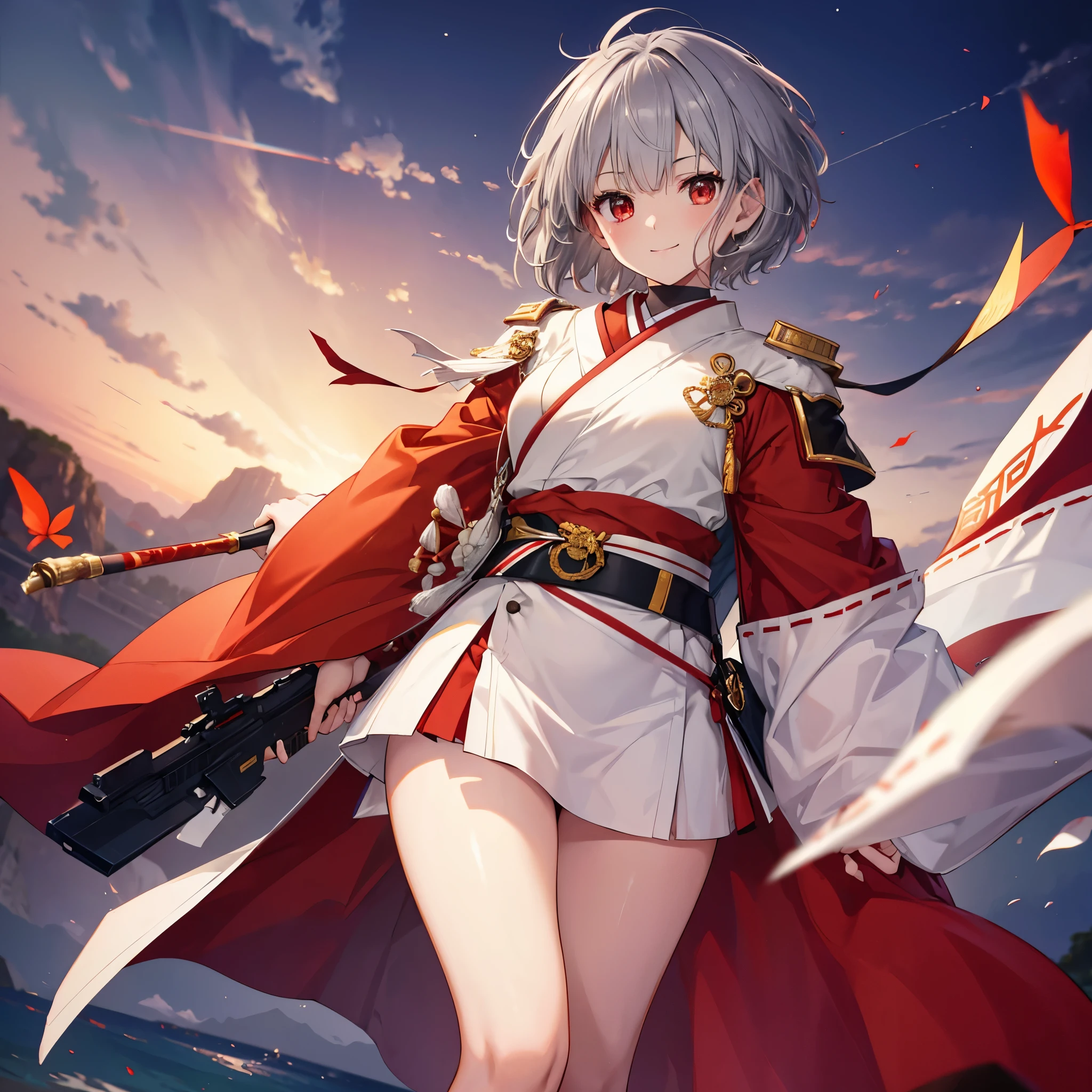 (((((1 person Gray Hair、short hair、Red Sideburns White and red clothes、shoulder))))) ((((High resolution Put the sheath on your waist Visible thighs)))) (((Black Belt warrior military commander、Close-up smile Red eyes))) ((Bright red butterfly night Japanese style、old Shining Aura garden、water surface full moon Catch the wind)) (Shining Background Shining Edges)