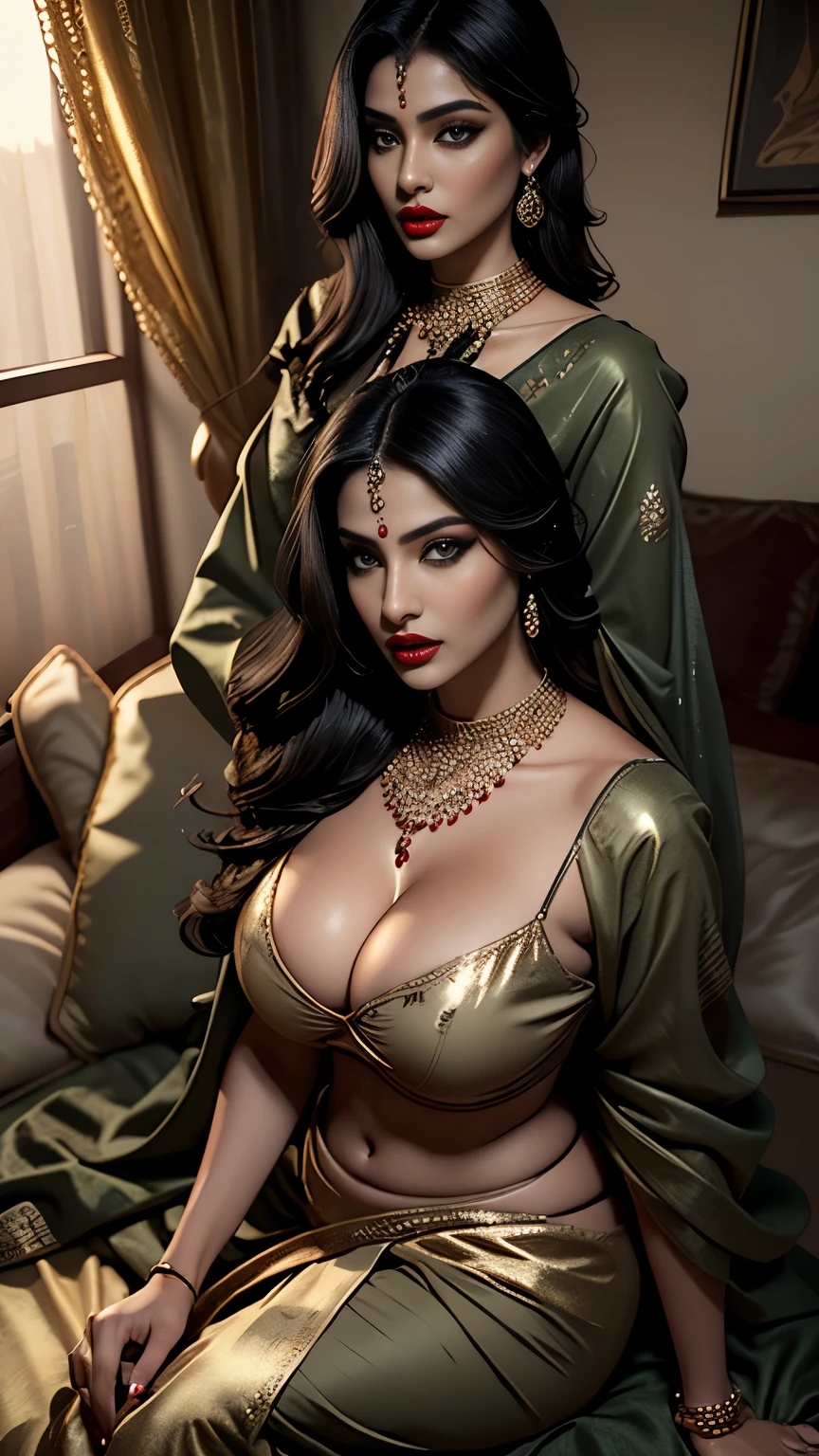  ultra realistic 8k cg, picture-perfect face, flawless, clean, masterpiece, professional artwork, famous artwork, cinematic lighting, cinematic bloom,
super realistic 8K, Perfect, clean , masterpiece, Professional artwork, famous artwork, face perfect, 


43yo girl, solo, alluring step mom,(sexy Bangladeshi women:1.2),
beautiful woman,very sexy appearance, seductive , rosy cheeks, smooth skin, 
huge breasts, smooth face, detailed face, smooth skin,shiny skin,highly detailed  face, detailed face, perfect proportions, well-proportioned body of six heads, huge breasts, thin waist, navel, big butt , crotch gap, large thighs,mature,toned legs, long neck, big ,detailed hair, ,detailed breasts, slim waist,beauty, long eyelashes, hourglass body, juicy lips,Beautiful expression, beautiful  eyes, 
Looks good with straight long hair,

Black  hair, long hair, silky hair, detailed bangs, (hair between eyes:1.2),

((Light olive eyes:1.2)),
gorgeous bright neon blue eye makeup and thick black winged eyeliner, peachy matte lipstick, looking into the camera,  
  detailed eyebrows,

(hourglass body:1.3), ultra detailed, best illustrated, showing off, seductive_pose, sexy eyes,full-body_portrait, Intrinsic exquisite details of (eyes,  hair,  skin,  face,  hands,  fingers,  anatomy),  stunning otherworldly beauty, sexy pose, 

She is Wearing ((Brocade saree with rich red and gold tones. Brocade symbolizes luxury and elegance, often featuring intricate patterns that can resemble flames. The red and gold colors reflect)full and juicy lips(dark red lipstick), belly jewelery, pearl necklace, pearl ear_rings, perfect fingers and nails, red_fingernails, golden ratio, seductive_pose,  big_boobies,deep cleavage,
,professional photoshot, incredibly beautiful woman in the form of a 'Desi Milf', elegant wild beauty and attractiveness, seductiveness and inaccessibility, beautiful, photoshot for Vogue magazines, sensual, ultra detailed, ,mature female,1 girl,cowboy_pose,naughty, (iu:0.8),cleavage, 