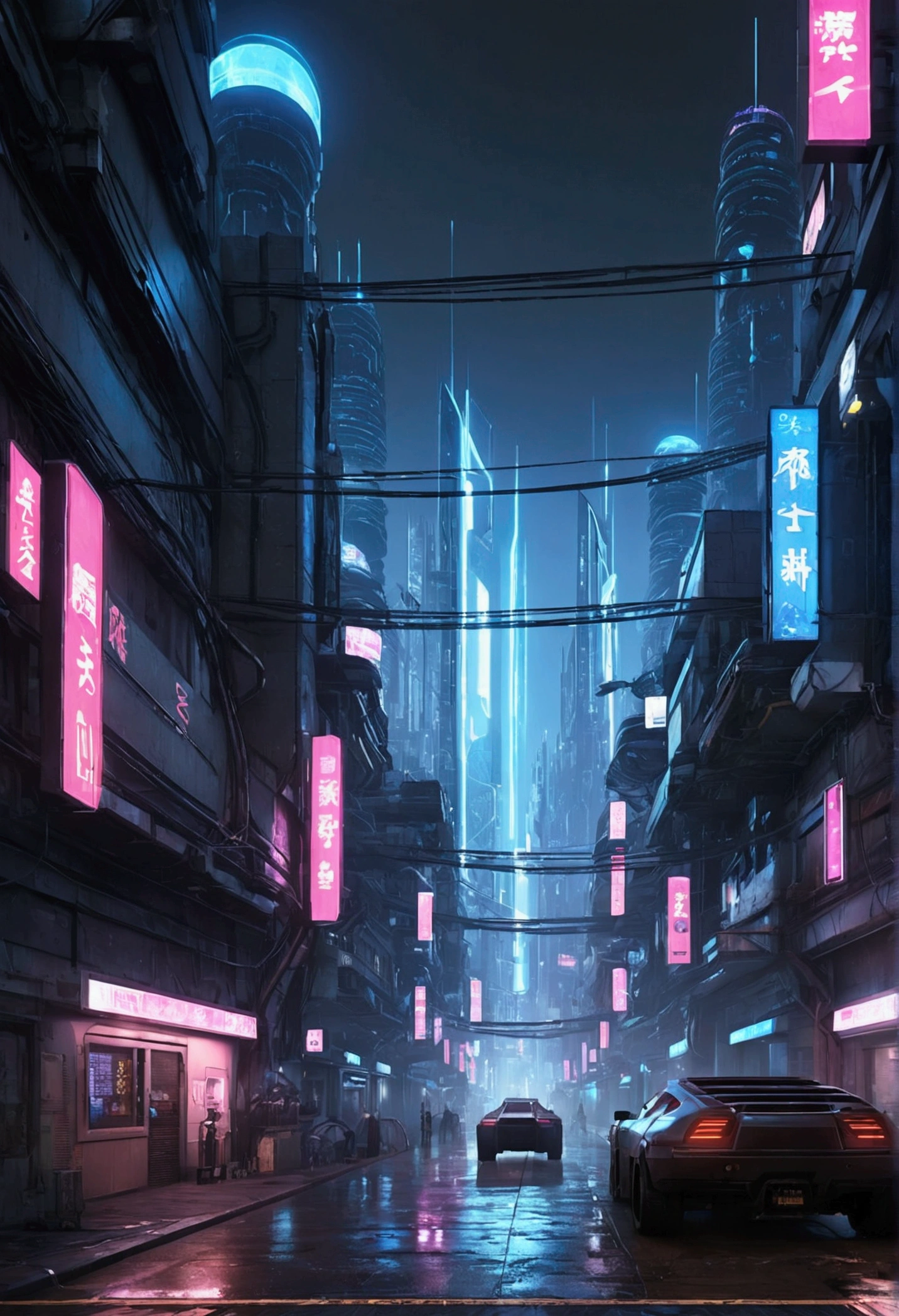 Cyberpunk style city, Lighting style: Street lighting, Futuristic, Very insulted, Good quality