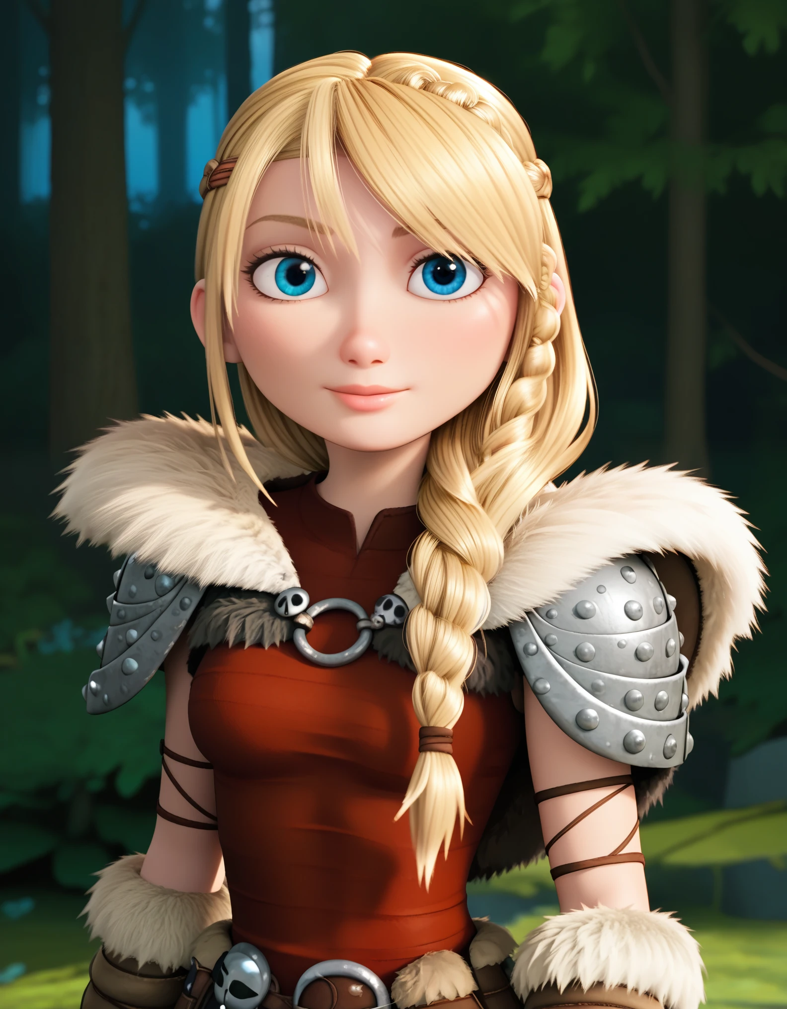 score_9, score_8_up, BREAK, ASTRIDHOFFERSON, 1girl, solo, blonde hair, braid, Long hair, blue eyes, fur trim, shoulder armor, armor, pauldron, depth of field, forest,