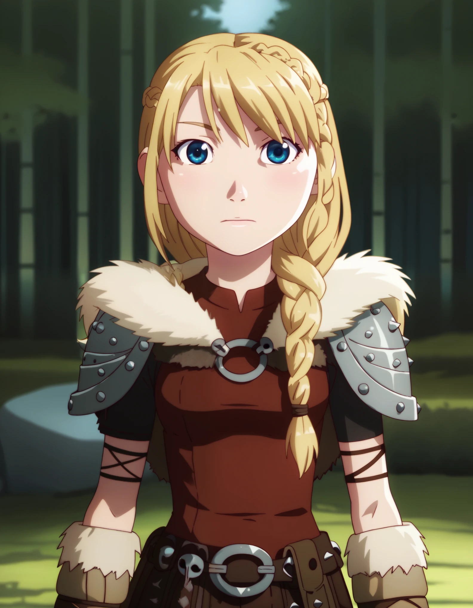 score_9, score_8_up, BREAK, ASTRIDHOFFERSON, 1girl, solo, blonde hair, braid, Long hair, blue eyes, fur trim, shoulder armor, armor, pauldron, depth of field, forest,