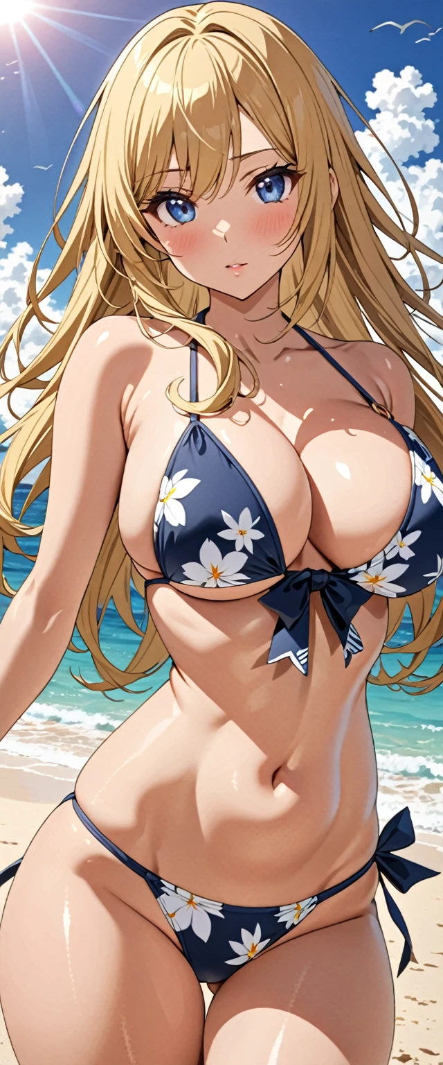 ((masterpiece)), ((high quality)), ((super detailed)), ((high resolution)) ,((8k)), a beautiful woman, ((She is one of the most famous female Gravure Idol in the world.)), unparalleled beauty, ((huge breast)), ((large ass)), ((deep cleavage)), slim waist, chest out, ultra detailed face, perfect skin, (((Blonde straight hair))), blue eyes,  detailed eyes, whole body image, (((anime))), ((glamorous)), 24 years old, ((incredibly beautiful woman)), ((The I cup bust)),  ((((Sling Bikini)))),  ((beautiful breasts)), beautiful legs, 8 life size, anime, the most beautiful and strongest, ((charm)), ((Half Japanese and half British)), ((Grown-up face)), ((Okinawa's ocean, beach, Clear skies, In the middle of a gravure shoot)), ((Bewitching)), voluptuous pose, 