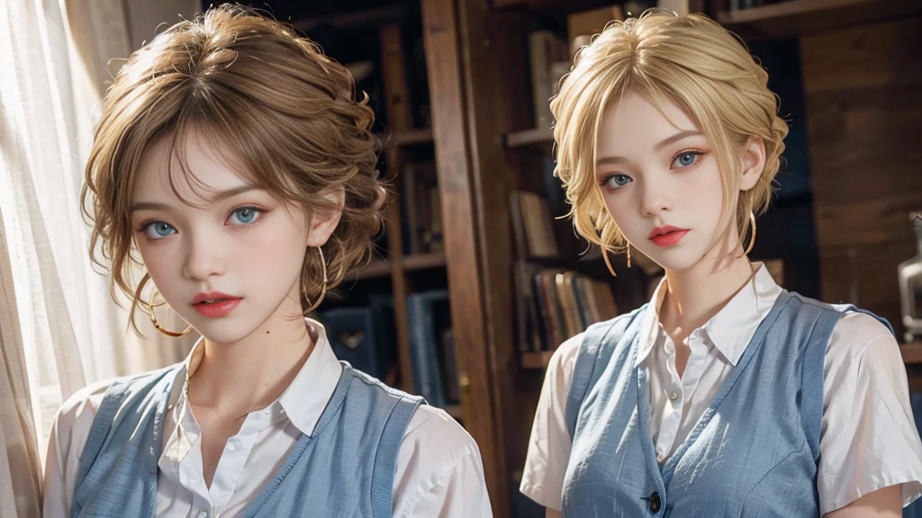 blonde girl short hair, blue eyes, dressed in a blue vest and white shirt, hoop earrings
