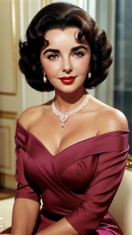 Elizabeth Taylor dressed in traditional Greek clothing wearing lipstick and smiling