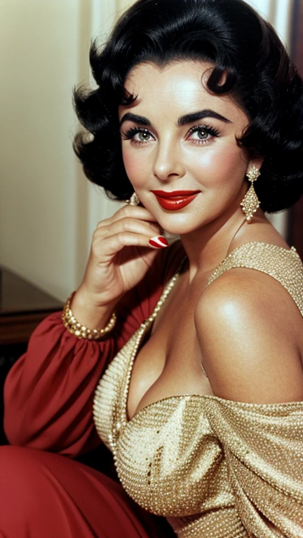 Elizabeth Taylor dressed in elegant clothes with lipstick and smiling