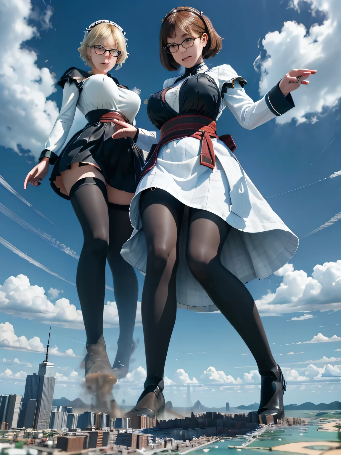 multiple girls, 3girls, standing, giantess art, highly detailed giantess shot, giantess, most detailed, perfect face, two legs, five fingers, short hair, beautiful girl bigger than a skyscraper, wearing rimless glasses, smiling, huge breasts, maid, maid outfit, black pantyhose, no shoes, toes visible through pantyhose, steam coming out of soles of feet, seaside metropolis, ocean, destroying city, under heavy attack, very small metropolis, miniature metropolis, full body depiction, GTS, giga giant, trampling city, crashed city, small city, micro city, pantyhose feet, high resolution, best quality, masterpiece,