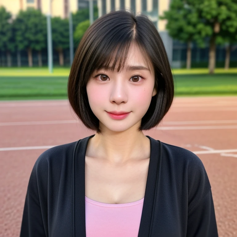 (kawaii 18 year-old Japanese girl, Nogizaka idol, Korean idol, highschool student, track and field player), healthy female athlete body, (glossy black hair, short hair, pixie cut, bangs:1.3), (rounded face, beautiful black eyes, single eyelid, no makeup, soft smiling:1.2), (wearing light pink woven track jacket, sweat jogger pants), extra small breasts, BREAK, (park background, turf), (dynamic angle, bust shot), BREAK, (masterpiece, best quality, photo realistic, official art:1.4), (UHD, 8K quality wallpaper, high resolution, raw photo, golden ratio:1.3), (shiny skin), professional lighting, physically based rendering, award winning, (highly detailed skin, extremely detailed face and eyes), Carl Zeiss 85 mm F/1.4, depth of field, 1girl, solo,