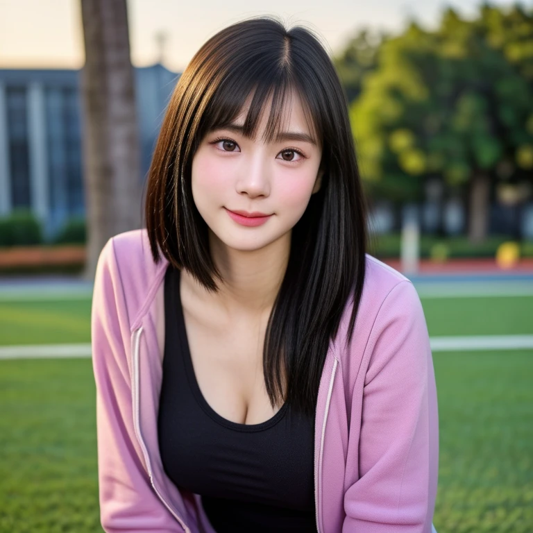 (kawaii 18 year-old Japanese girl, Nogizaka idol, Korean idol, highschool student, track and field player), healthy female athlete body, (glossy black hair, short hair, pixie cut, bangs:1.3), (rounded face, beautiful black eyes, single eyelid, no makeup, soft smiling:1.2), (wearing light pink woven track jacket, sweat jogger pants), extra small , BREAK, (park background, turf), (dynamic angle, bust shot), BREAK, (masterpiece, best quality, photo realistic, official art:1.4), (UHD, 8K quality wallpaper, high resolution, raw photo, golden ratio:1.3), (shiny skin), professional lighting, physically based rendering, award winning, (highly detailed skin, extremely detailed face and eyes), Carl Zeiss 85 mm F/1.4, depth of field, 1girl, solo,