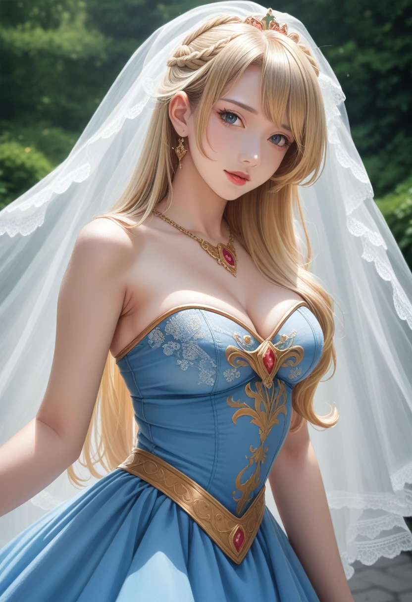 Wearing a blue dress、Blonde woman with veil, Beautiful fantasy girl, Detailed fantasy art, Beautiful fantasy art, Blonde Princess, artstation pixiv download artgerm, Beautiful girl, ((Beautiful fantasy queen)), 2. 5D CGI anime fantasy artwork, Fantasy art style, Detailed digital anime art, Fantasy style art