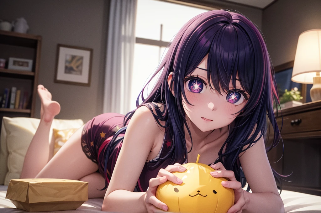 (8k, Ultra-high resolution, The best masterpiece, best quality:1.2), Very detailed, portrait, Half Body, side, focus on eyes, HD RAW photos, career arrest, High quality and beautiful, 超高清 8k 影像照片, confess, Professional photography, (actual, actual相片: 1.37), Very detailed的美麗女孩, Super delicate face shape, Contoured eyes, (Very detailed eyes), Delicate skin, (HD Skin:1.2), Neatly contoured fingers, (20:1.2), Twenty generations, cute girl, young beautiful mother, solo, Ai Hoshino, Hoshino Ai, Permanent, (Wearing home clothes), Vibrant look, (Layperson, Living room), Dynamic dark purple long hair, shiny purple eyes, (Star-shaped pupil:1.5), one hand raised, Sensual, Exuding motherly love, perfect anatomy, Detailed background, HD Background, Volumetric lighting, actual, stunning details, 8k Ultra HD, high quality, CG unity, C4D Rendering, 3D Rendering, Octane Rendering,