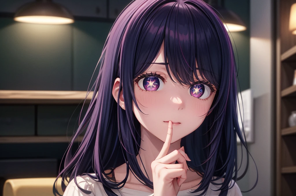 (8k, Ultra-high resolution, The best masterpiece, best quality:1.2), Very detailed, portrait, Half Body, side, focus on eyes, HD RAW photos, career arrest, High quality and beautiful, 超高清 8k 影像照片, confess, Professional photography, (actual, actual相片: 1.37), Very detailed的美麗女孩, Super delicate face shape, Contoured eyes, (Very detailed eyes), Delicate skin, (HD Skin:1.2), Neatly contoured fingers, (20:1.2), Twenty generations, cute girl, young beautiful mother, solo, Ai Hoshino, Hoshino Ai, Permanent, (Wearing home clothes), Vibrant look, (Layperson, Living room), Dynamic dark purple long hair, shiny purple eyes, (Star-shaped pupil:1.5), one hand raised, Sensual, Exuding motherly love, perfect anatomy, Detailed background, HD Background, Volumetric lighting, actual, stunning details, 8k Ultra HD, high quality, CG unity, C4D Rendering, 3D Rendering, Octane Rendering,