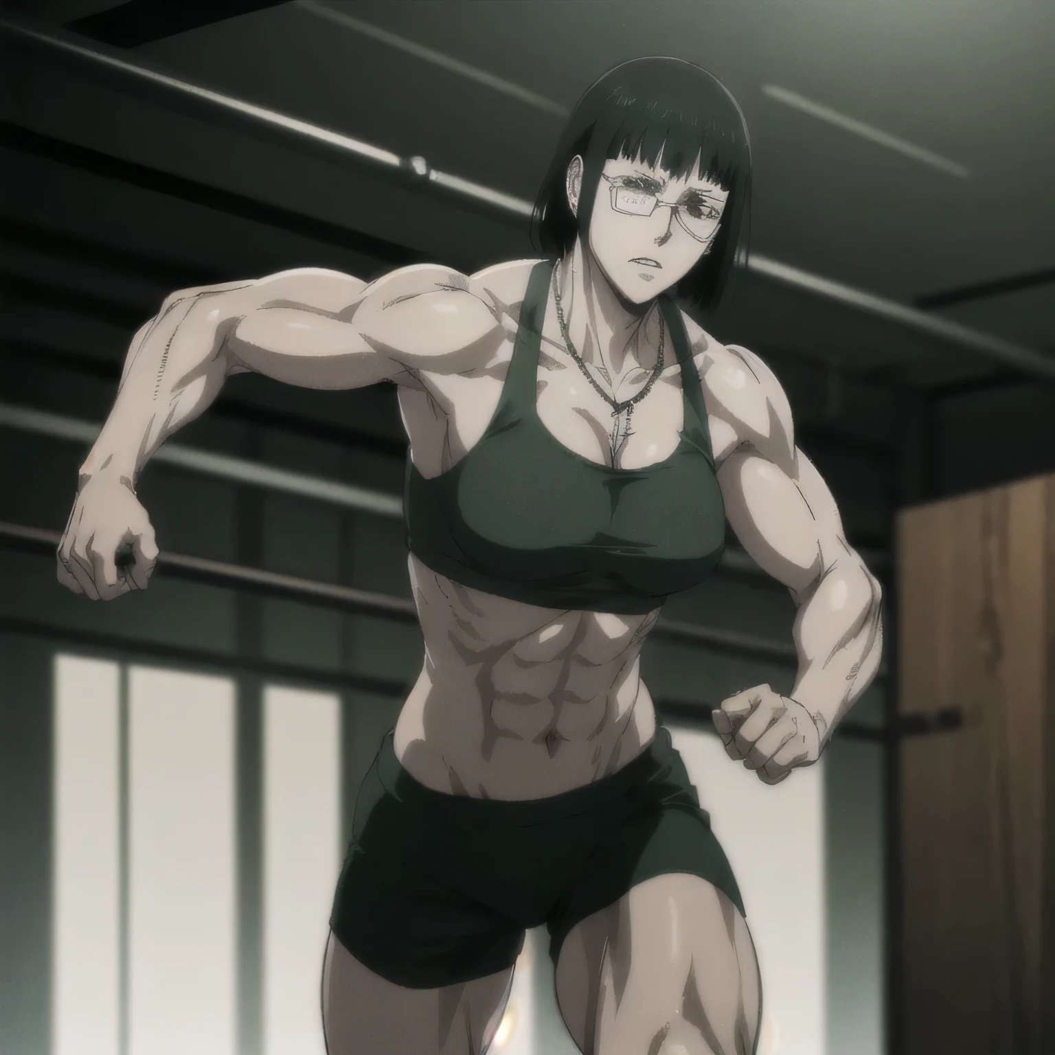 (best quality,ultra-detailed,realistic:1.37),musclaur badass girl with sculpted  body  shows her wearing dark green sport bra and dark  green Elastic sports shorts, full review of the female character's face and body, intense expression, strong and confident posture, studio lighting, vivid colors, physiologically-based rendering, grungy texture, rugged background, dust particles in the air, commanding presence, professional, powerful, gritty aesthetics,,Valmet،short hair,tattoos,fat free body,veins in muscles,eyepatch,necklace,six-pack,Shining muscles,Shining six-pack,