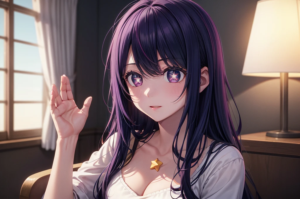 (8k, Ultra-high resolution, The best masterpiece, best quality:1.2), Very detailed, portrait, Half Body, side, focus on eyes, HD RAW photos, career arrest, High quality and beautiful, 超高清 8k 影像照片, confess, Professional photography, (actual, actual相片: 1.37), Very detailed的美麗女孩, Super delicate face shape, Contoured eyes, (Very detailed eyes), Delicate skin, (HD Skin:1.2), Neatly contoured fingers, (20:1.2), Twenty generations, cute girl, young beautiful mother, solo, Ai Hoshino, Hoshino Ai, (Wear comfortable loungewear), Vibrant look, (Layperson, Living room), Dynamic dark purple long hair, shiny purple eyes, (Star-shaped pupil:1.5), one hand raised, Sensual, warm, Exuding motherly love, perfect anatomy, Detailed background, HD Background, Volumetric lighting, actual, stunning details, 8k Ultra HD, high quality, CG unity, C4D Rendering, 3D Rendering, Octane Rendering,