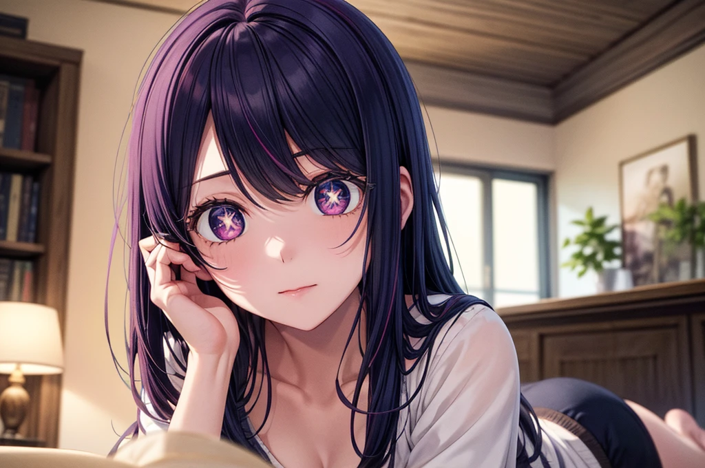 (8k, Ultra-high resolution, The best masterpiece, best quality:1.2), Very detailed, portrait, Half Body, side, focus on eyes, HD RAW photos, career arrest, High quality and beautiful, 超高清 8k 影像照片, confess, Professional photography, (actual, actual相片: 1.37), Very detailed的美麗女孩, Super delicate face shape, Contoured eyes, (Very detailed eyes), Delicate skin, (HD Skin:1.2), Neatly contoured fingers, (20:1.2), Twenty generations, cute girl, young beautiful mother, solo, Ai Hoshino, Hoshino Ai, (Wear comfortable loungewear), Vibrant look, (Layperson, Living room), Dynamic dark purple long hair, shiny purple eyes, (Star-shaped pupil:1.5), one hand raised, Sensual, warm, Exuding motherly love, perfect anatomy, Detailed background, HD Background, Volumetric lighting, actual, stunning details, 8k Ultra HD, high quality, CG unity, C4D Rendering, 3D Rendering, Octane Rendering,