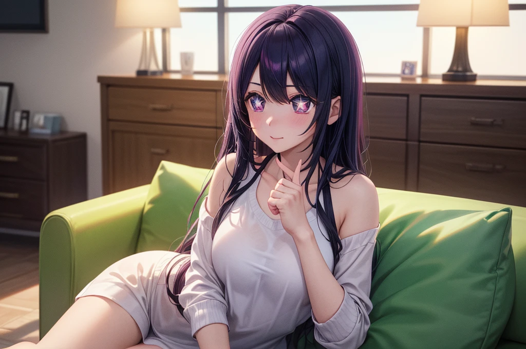(8k, Ultra-high resolution, The best masterpiece, best quality:1.2), Very detailed, portrait, Half Body, side, focus on eyes, HD RAW photos, career arrest, High quality and beautiful, 超高清 8k 影像照片, confess, Professional photography, (actual, actual相片: 1.37), Very detailed的美麗女孩, Super delicate face shape, Contoured eyes, (Very detailed eyes), Delicate skin, (HD Skin:1.2), Neatly contoured fingers, (20:1.2), Twenty generations, cute girl, young beautiful mother, solo, Ai Hoshino, Hoshino Ai, (Wear comfortable loungewear), Vibrant look, (Layperson, Living room), Dynamic dark purple long hair, shiny purple eyes, (Star-shaped pupil:1.5), one hand raised, Sensual, warm, Exuding motherly love, perfect anatomy, Detailed background, HD Background, Volumetric lighting, actual, stunning details, 8k Ultra HD, high quality, CG unity, C4D Rendering, 3D Rendering, Octane Rendering,