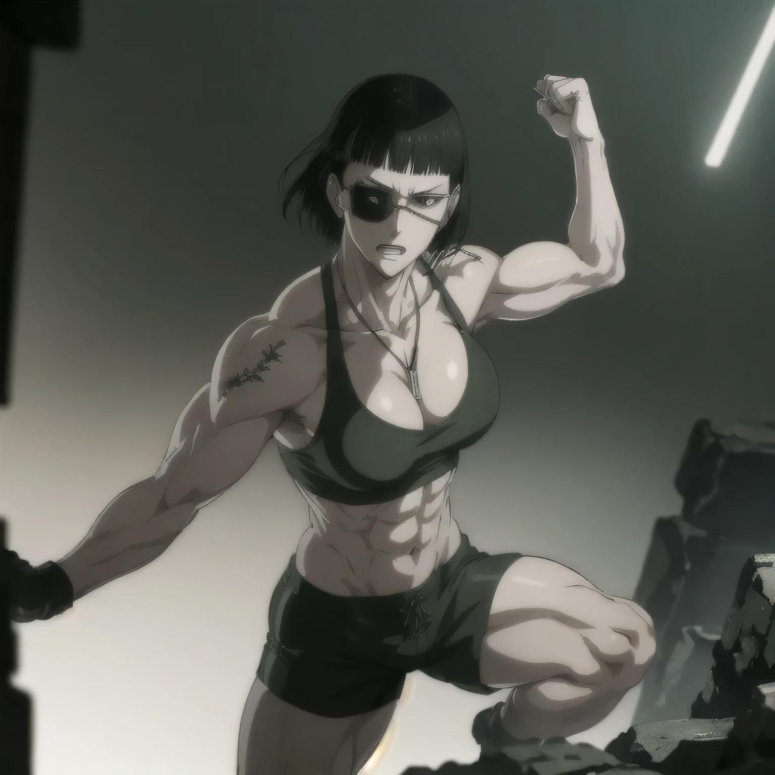 (best quality,ultra-detailed,realistic:1.37),musclaur badass girl with sculpted body shows her wearing dark green sport bra and dark green Elastic sports shorts, full review of the female character's face and body, intense expression, strong and confident posture, studio lighting, vivid colors, physiologically-based rendering, grungy texture, rugged background, dust particles in the air, commanding presence, professional, powerful, gritty aesthetics,,Valmet،short hair,tattoos,fat free body,veins in muscles,eyepatch,necklace,six-pack,Shining muscles,Shining six-pack,