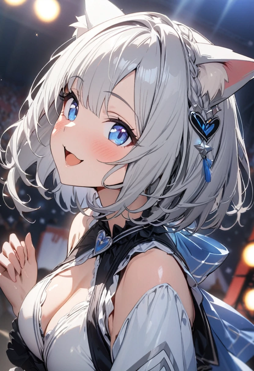 silver hair, 1 girl, (((best quality)), ((masterpiece)), (details), masterpiece, best quality, high quality, super detailed, perfect face, ((1 girl, Blue eyes, Cat ears: 1.3 silver bob: 2.5,)),Shiny Hair、Shiny skin、smile、Alluring expression、Music Stage、Festival、Idol costumeaking a heart with hands