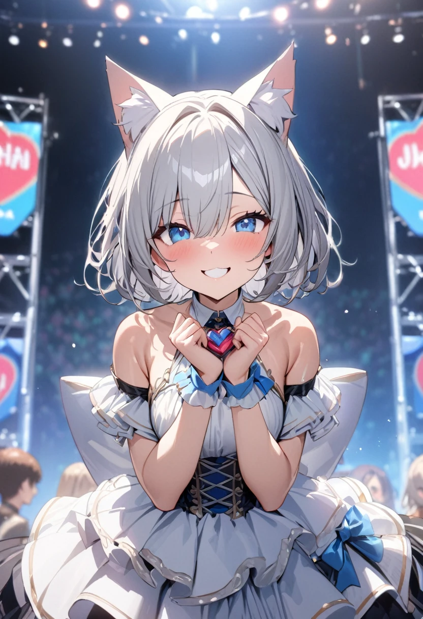 silver hair, 1 girl, (((best quality)), ((masterpiece)), (details), masterpiece, best quality, high quality, super detailed, perfect face, ((1 girl, Blue eyes, Cat ears: 1.3 silver bob: 2.5,)),Shiny Hair、Shiny skin、smile、Alluring expression、Music Stage、Festival、Idol costumeaking a heart with hands