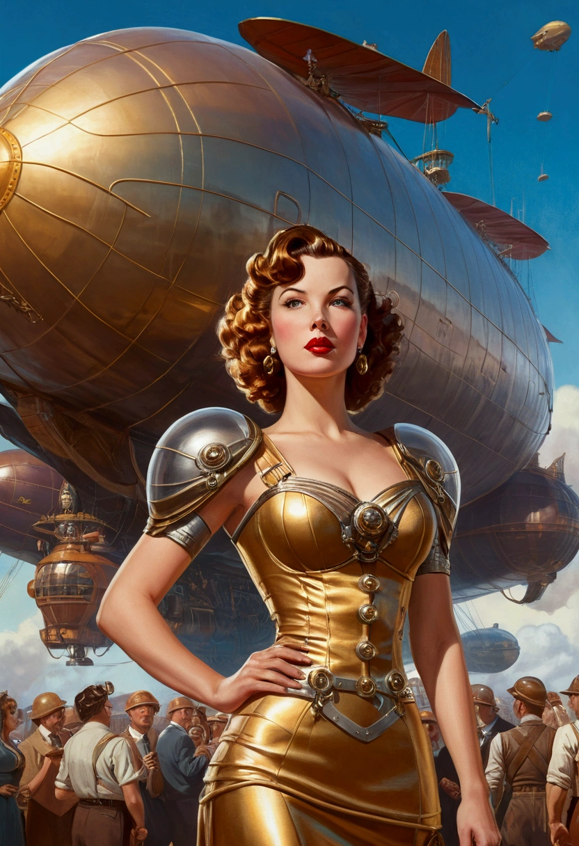 there&#39;s a woman in a futuristic dress standing in front of a bunch of people, large dieselpunk airships, dribble, inspired by Gil Elvgren, fantasy paladin woman, inspired by Mark Brooks, [ blisters, portrait of helen of troy, sci - fi : :, golden armour  