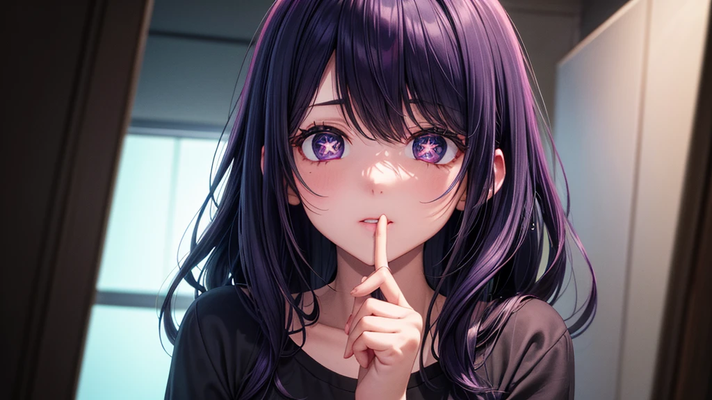 (8k, Ultra-high resolution, The best masterpiece, best quality:1.2), Very detailed, Complete Solution, (actual, actual photo: 1.37), portrait, HD RAW photos, career arrest, High quality and beautiful, 超高清 8k 影像照片, confess, Professional photography, Very detailed的美麗女孩, Super delicate face shape, Contoured eyes, (Very detailed eyes), Precisely shaped nose, expressive lips, Delicate skin, (HD Skin:1.2), Neatly contoured fingers, Every feature is carefully displayed, (20:1.2), Twenty generations, cute girl, young beautiful mother, solo, Ai Hoshino, Hoshino Ai, Permanent, Photography studio, Vibrant look, (Comfortable casual loungewear), Dynamic dark purple long hair, shiny purple eyes, (Star-shaped pupil:1.5), one hand raised, Sensual, A face that exudes maternal love, perfect anatomy, Detailed background, HD Background, Volumetric lighting, actual, stunning details, 8k Ultra HD, high quality, CG unity, C4D Rendering, 3D Rendering, Octane Rendering,