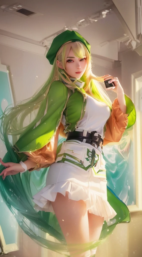 realistic girl with green hair and a green hat holding a cell phone, style artgerm, style of artgerm, extremely detailed artgerm, artgerm style, cushart krenz key art feminine, artgerm lau, splash art anime , artgerm. beautiful illustration, in style of artgerm, ! dream artgerm