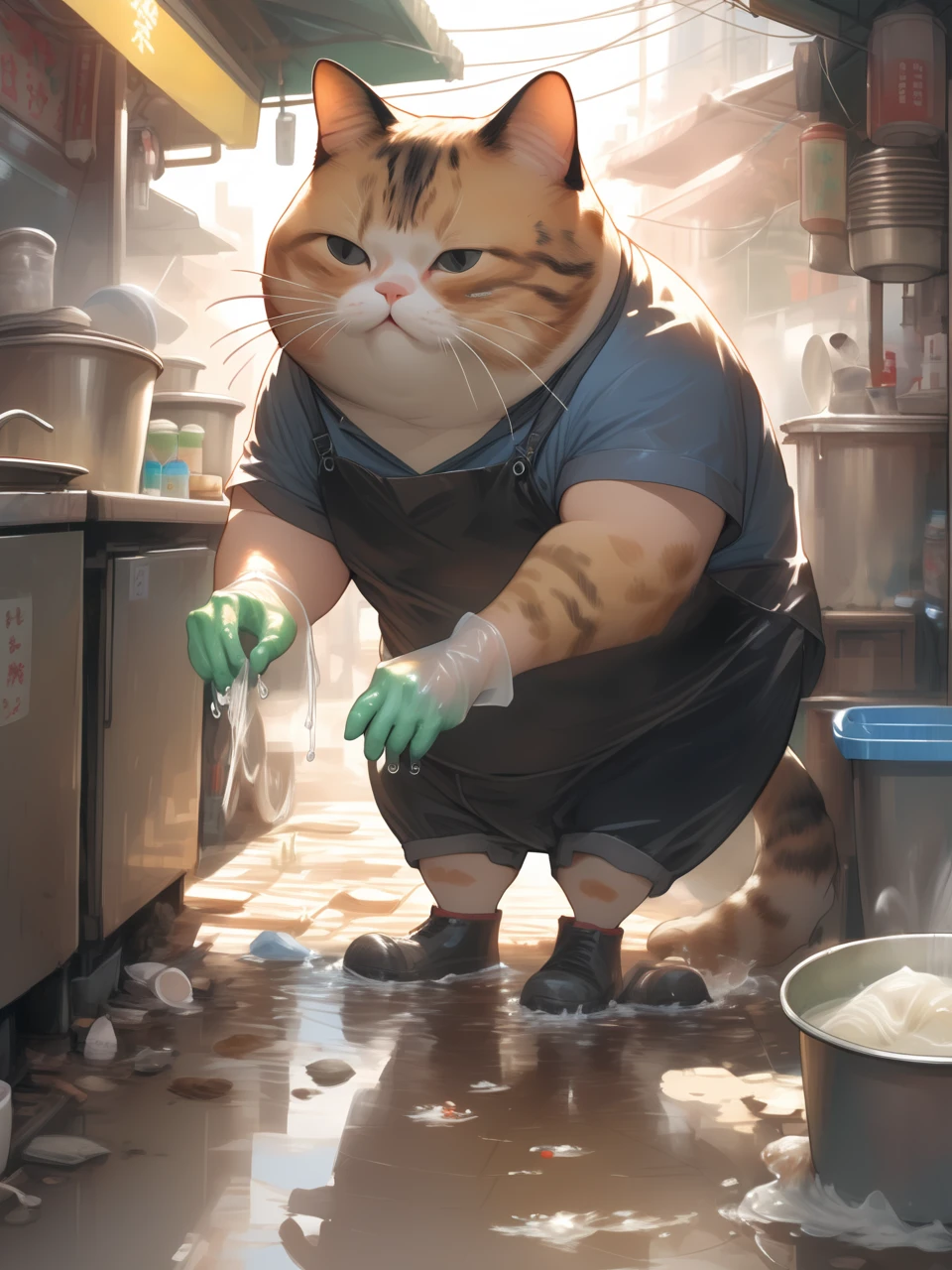 Close up of a fat cat, wearing rubber gloves and boots, washing dishes in the alley of a Taiwanese food stall.