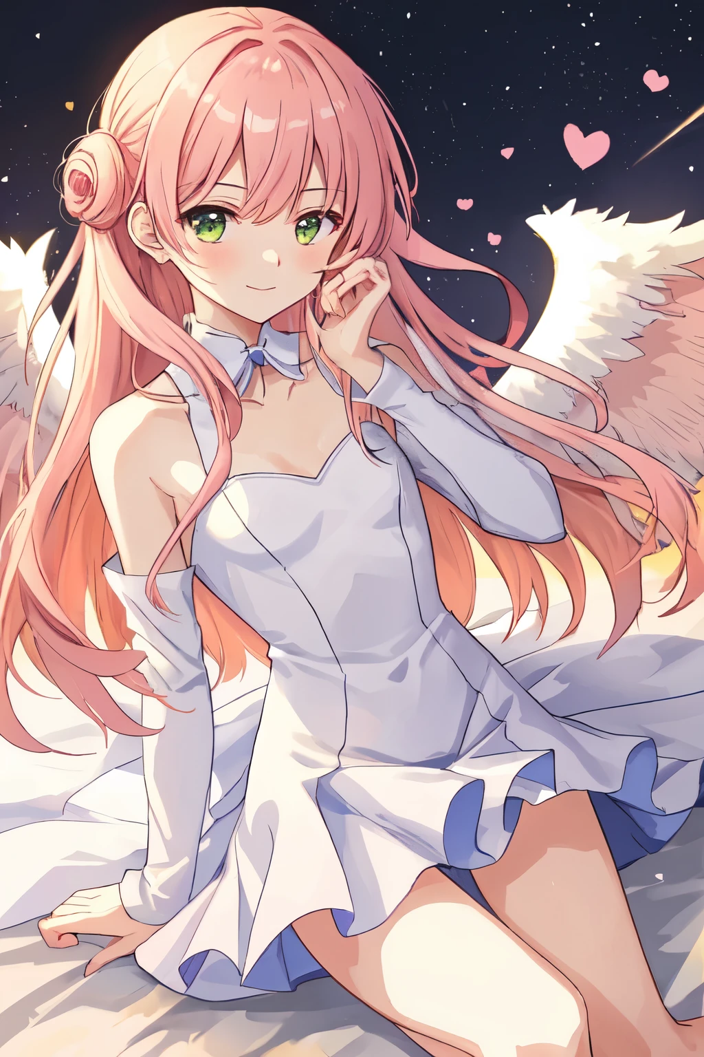 1_girl, (anime, kawai:2), (masterpeice, best_quality, clean:1.5), (sky_background:1.2), (cute, cute_smile, wholesome, young:1.8), (delicate, extremely_delicate, beautiful, thin:1.5), (girlfriend, angel:1.8), (green_eyes, simple_eyes:1.8) (long_hair, blond_hair:1.8), (combat:1.2), (wearing_pink_dress, pink_angel_wings:1.8), (combat:1.2), extremely_delicate, (love_magic:1.5), (age_size_fits_body), (small_thighs:1.3), (breasts), (eye_level:1.3), (heart_magic, love:1.5), (warm:1.8), (folded_legs:1.5)