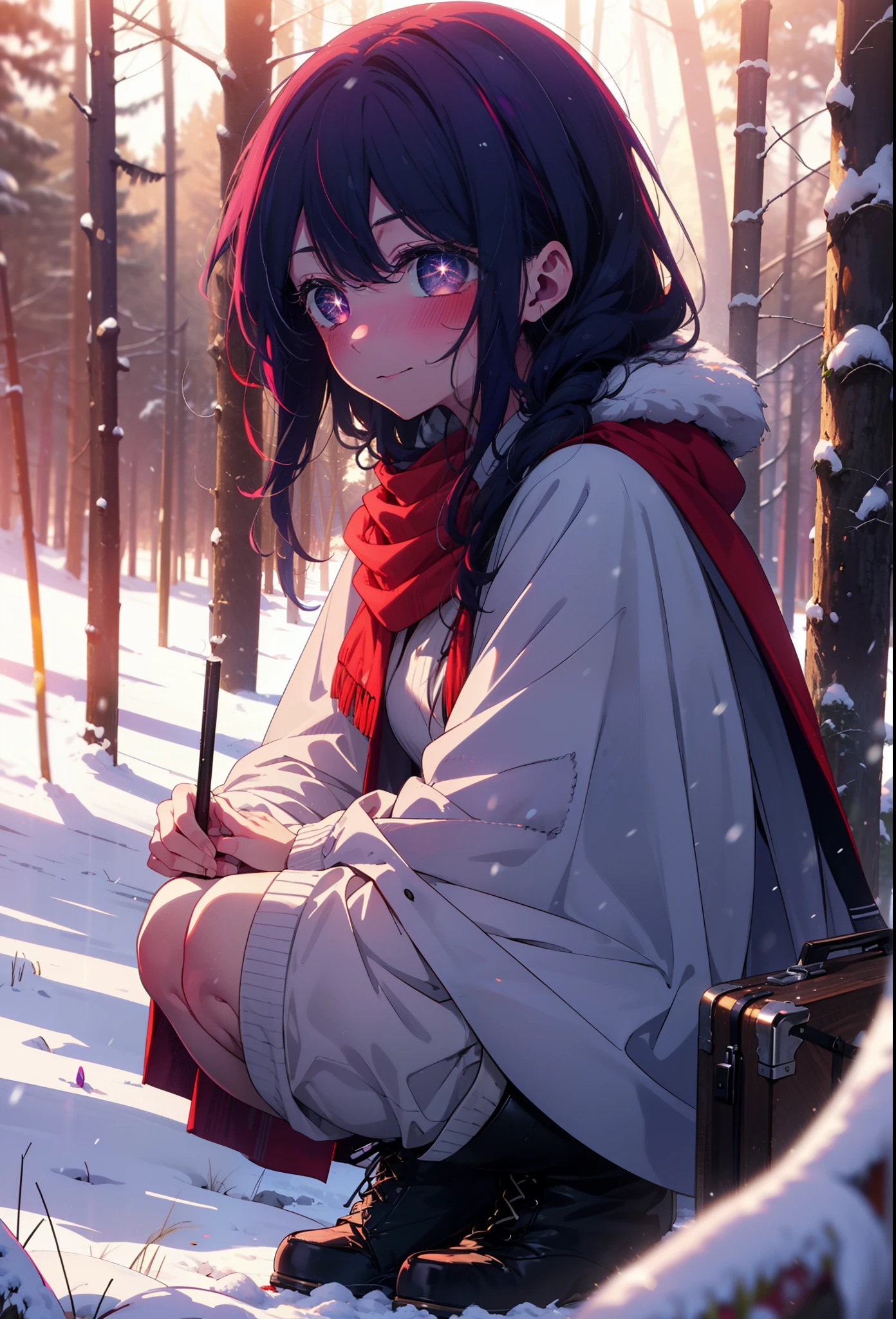 aihoshino, Ai Hoshino, Long Hair, bangs, (Purple eyes:1.1), Purple Hair, (Symbol-shaped pupil:1.5), smile,,smile,blush,white breath,
Open your mouth,snow,Ground bonfire, Outdoor, boots, snowing, From the side, wood, suitcase, Cape, Blurred, , forest, White handbag, nature, Squat, Mouth closed, Cape, winter, Written boundary depth, Black shoes, red Cape break looking at viewer, Upper Body, whole body, break Outdoor, forest, nature, break (masterpiece:1.2), Highest quality, High resolution, unity 8k wallpaper, (shape:0.8), (Beautiful and beautiful eyes:1.6), Highly detailed face, Perfect lighting, Highly detailed CG, (Perfect hands, Perfect Anatomy),