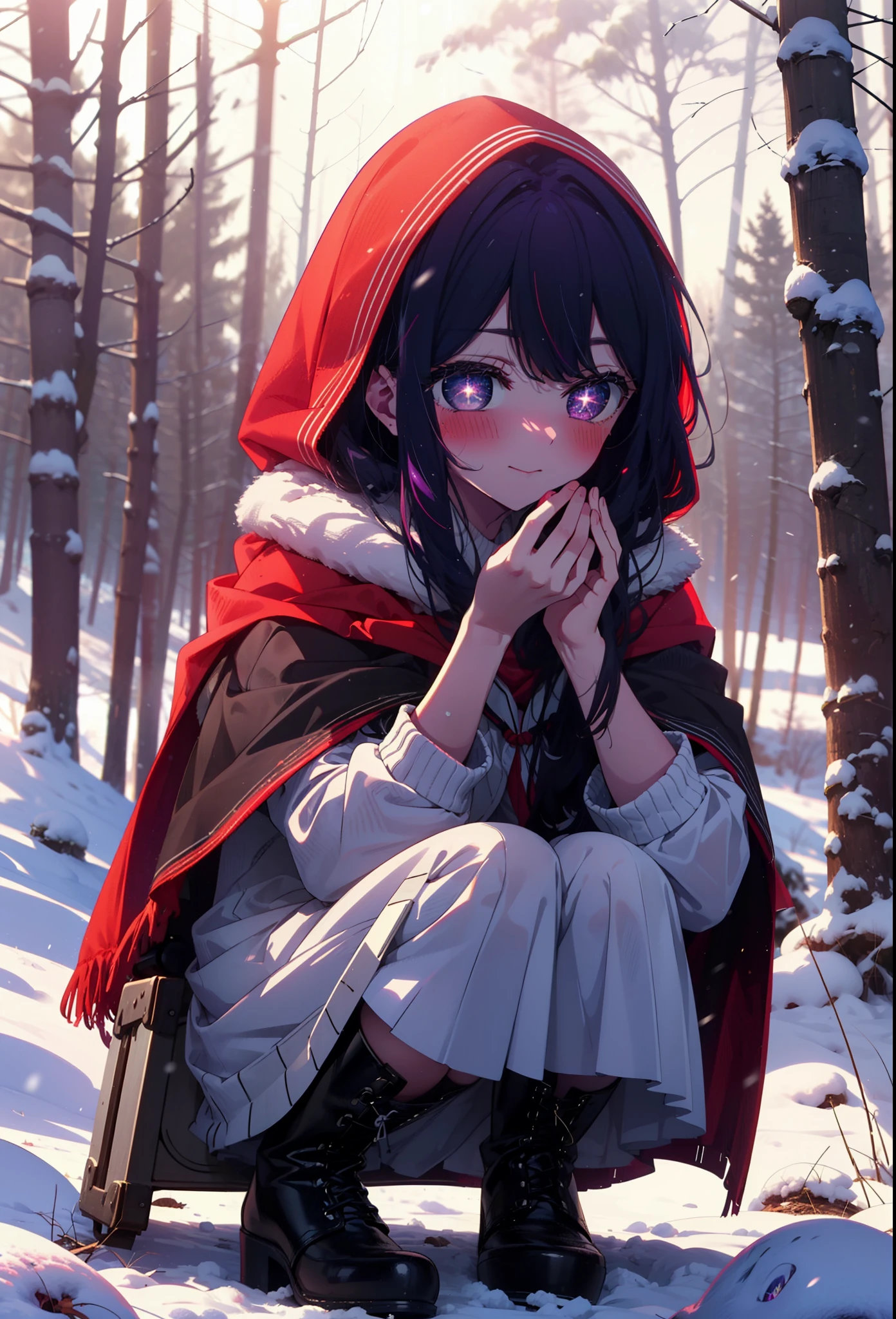 aihoshino, Ai Hoshino, Long Hair, bangs, (Purple eyes:1.1), Purple Hair, (Symbol-shaped pupil:1.5), smile,,smile,blush,white breath,
Open your mouth,snow,Ground bonfire, Outdoor, boots, snowing, From the side, wood, suitcase, Cape, Blurred, , forest, White handbag, nature,  Squat, Mouth closed, Cape, winter, Written boundary depth, Black shoes, red Cape break looking at viewer, Upper Body, whole body, break Outdoor, forest, nature, break (masterpiece:1.2), Highest quality, High resolution, unity 8k wallpaper, (shape:0.8), (Beautiful and beautiful eyes:1.6), Highly detailed face, Perfect lighting, Highly detailed CG, (Perfect hands, Perfect Anatomy),