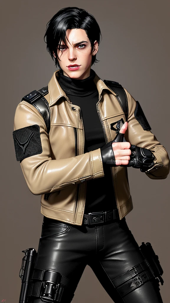 ((American comic hero)),,((jason todd)),((young cute and cool ikemen boy)),((black hair)),((very cool guy)), ((face is no paint and no mask)),,his age is early 20s, thin eyebrows and beady eyes, ((he is wearing light beige color thick leather jacket)),((jacket is single-brest, and no hoods)),((leather jacket is long sleeve)),((jacket sleeve color is beige too)), ((jacket color is beige only,no other colors)),((inner wear is black color and thick turtleneck tactical combat vest)),((chest area on a red color bat illustration)), ((must put on tight dark gray color leather pants)),((put on black color and full finger tactical combat leather glove on both hands)),,((black color middle length leather boots)),((Japanese style character)),((must put on a leather full finger tactical combat glove)),((full finger glove)),((cool atmosphere)),((dont show finger))