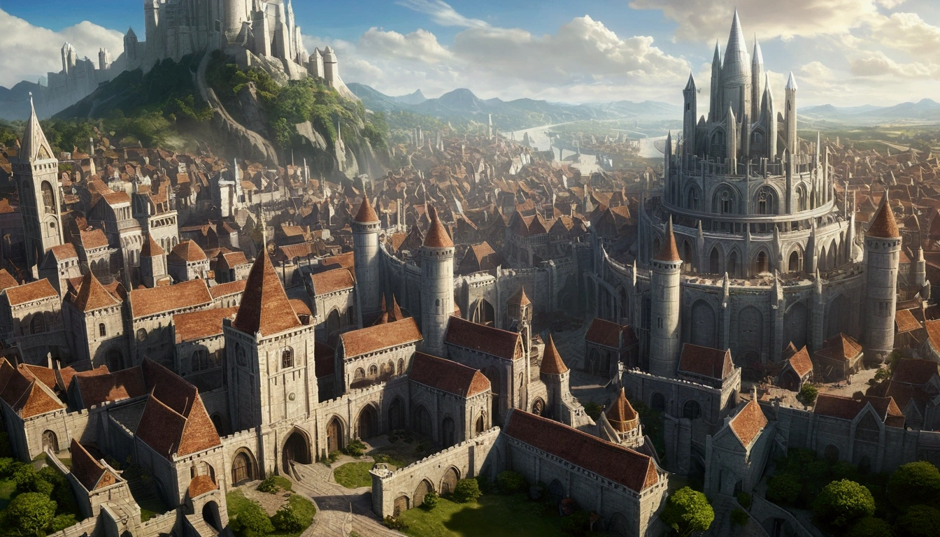 League of Legends Demacia City, masterpiece, Highest quality, High resolution, Super detailed, Epic scenario, a white glorious Medieval city, Medieval, Fantasy RPG, city, Perfect light, Big city, Minas Tirith, Giant dragon behind, Highbright, ultra High resolution