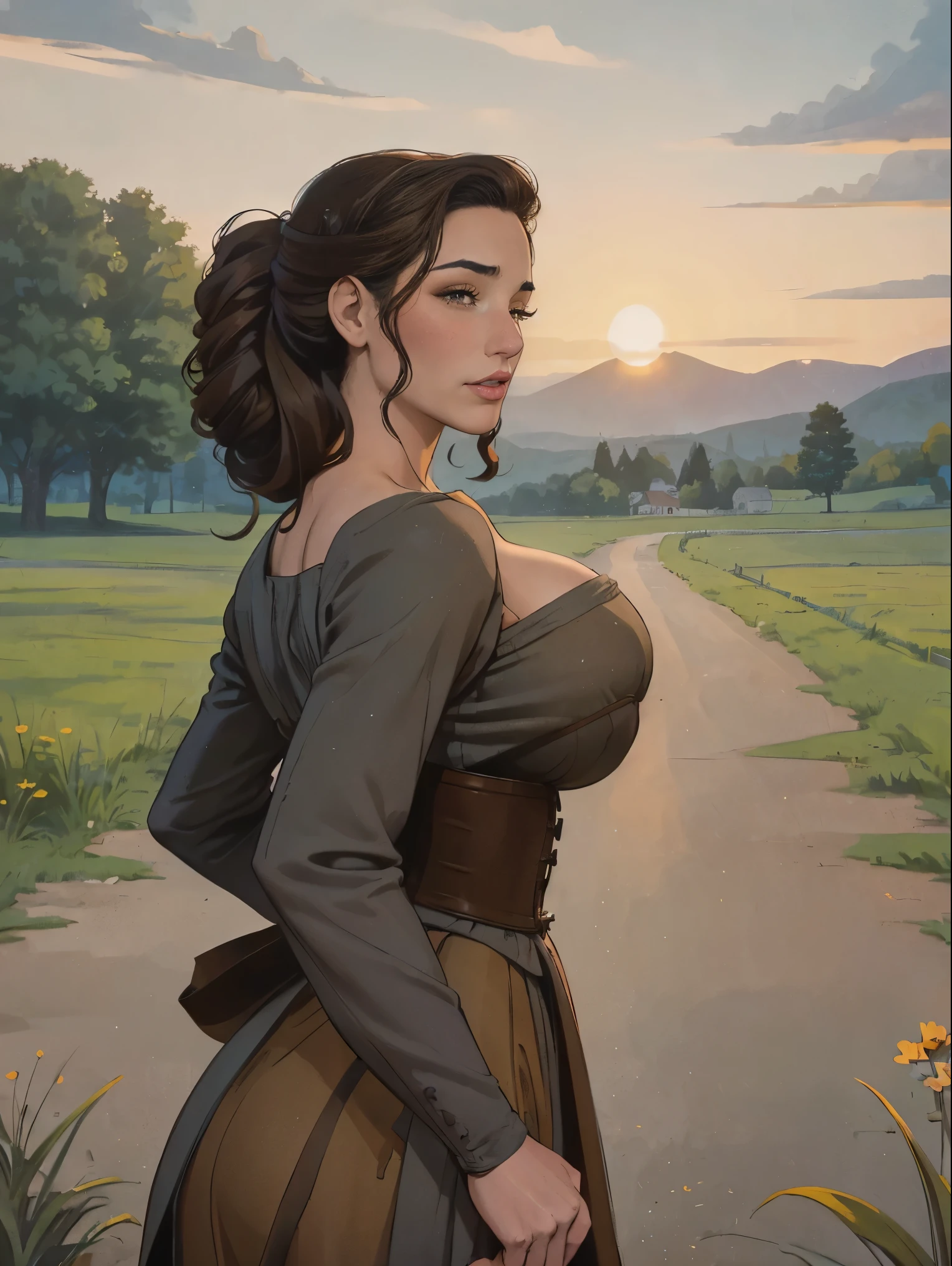 Gorgeous and sultry busty athletic (thin) brunette peasant with sharp facial features wearing a modest updo, medieval hair cover, rough-spun grey and brown medieval dress, long sleeves, wide neck, long dress, tight bodice, corset, Middle Ages, cottage, farm, exterior, trees, countryside, evening, sunset.