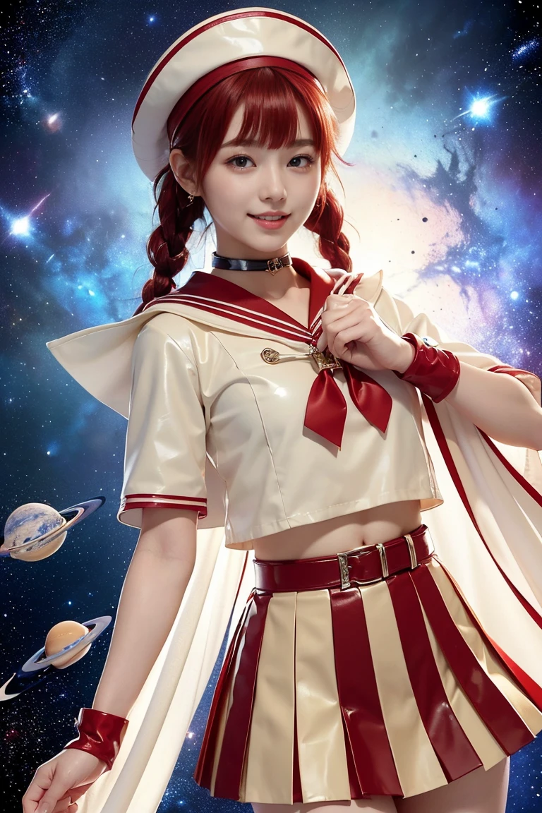 (((Short braided hair、Red Hair、Cute hat)))、(((A Japanese girl wearing a shiny short-sleeved sailor uniform and elbow gloves, layered over a white cloak,smile)))、(((Beige latex sailor collar)))、(((Beige Latex Pleated Skirt)))、emblem、choker、Earrings、ribbon、((belly button))、 (((Sailor Warrior Uniforms)))、(((Add red light)))、Beautiful ornaments: 美しいPerfect Face, Soft Skin、Perfect Face, Intricate details, Splash screen, 8k resolution, masterpiece, Cute Face、(((Space Background))、Queen of Queenasterpiece, Highest quality, Highest quality, Official Art, Beauty and aesthetics: 1.2), (One girl: 1.3)