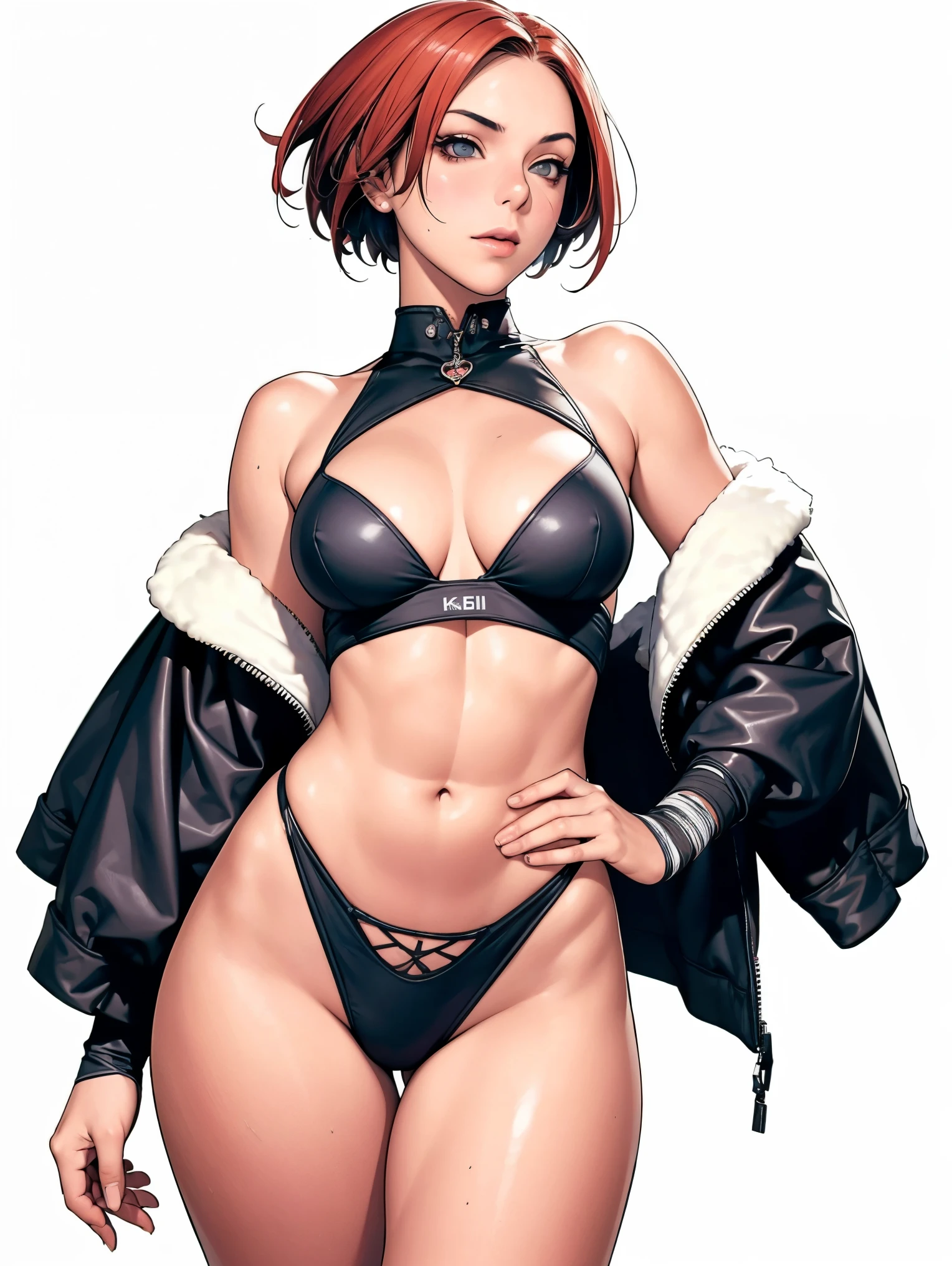 (((Annie Lennox))), (((colorful suit))), (scars), (((bandaged arms))), (((colorful clothes))) (( hood)), (((best quality: 1.4))), (Unbeatable masterpiece), (hyper HD),(CG 8k hyper-realistic), brave face, (((breasts big))), (((hyper feminine))), sexly girl, black tattoo,(ultra short red hair with white highlights)), ((( sculptural body ))), (((1 Kizi))), Kizi tatuada de 25 anos com perfect body,,Beautiful and well-groomed face,muscular body:1.2,solid color detailed jacket, (Head to thigh photos), Complex equipment, ,Tight clothes,With white stars and off-white stripes,,,,,Armor Metal Electronic Parts, Poison tattoos ) INFO, Kizi, (((standing alone))), , 24歳, sexy, pose de attitude, work of art, dancing, slight smile, post-apocalypse, (((manga style))), bounty hunter, the way you want, perfect body, roupa moderna, advanced technology, white, yellow accent, black, red accent, fur collar jacket, sleeves with vertical striped pattern, background city, (( cowboy shot )). intricate visual, narrow waist, (((wide hips))), wide hips, fit thighs, (thigh gap), background shows a futuristic airplane