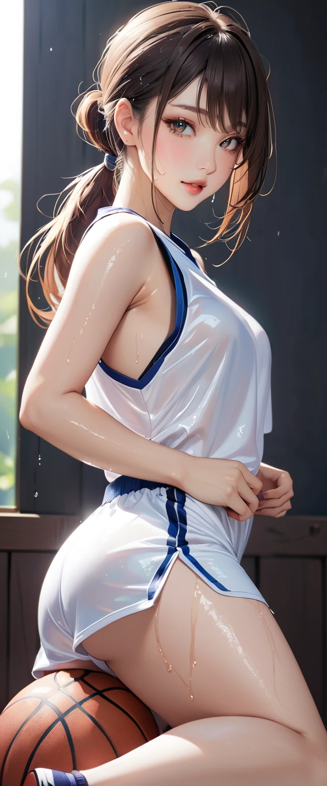 (masterpiece,Highest quality,Ultra-high resolution),Japanese women, (((Very beautiful 25 year old girl))), pretty girl、Look at the photographer、 ((Beautiful low ponytail)), Very cute face, Glossy Lips, Double eyelids on both eyes,Natural smile、 Natural Makeup, Long eyelashes, Shiny and smooth hair、Center image, Perfect limbs, Perfect Anatomy,(((Basketball Sleeveless Uniform)))、,(Wet with sweat),,Looking Back