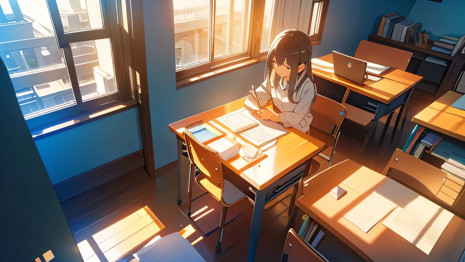 A view of a person immersed in study or work at a desk in a quiet room. Laptops and papers are spread out on the desk, and soft natural light is streaming in through the window. In the background, a simple interior spreads out, giving the impression of a relaxed, focused state.”