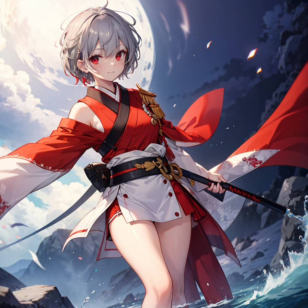 (((((1 person Gray Hair、short hair、Red Sideburns White and red clothes、shoulder))))) ((((High resolution Put the sheath on your waist Visible thighs)))) (((Black Belt warrior military commander、Close-up smile Red eyes))) ((Bright red butterfly night Japanese style、old Shining Aura garden、water surface full moon Catch the wind)) (Shining Background Shining Edges)