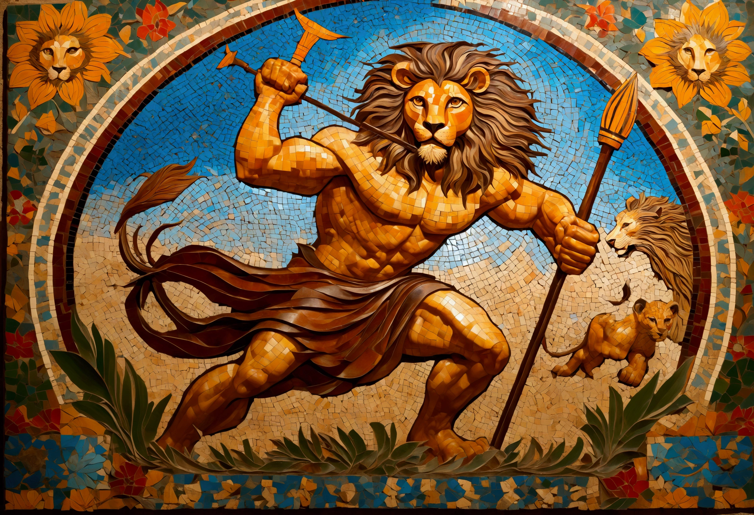 (colorful tile mosaic) A powerful nubile man with a spear battles a lion, highly stylized