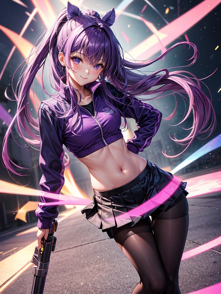 Best Quality,Young Girl, girl,Light novel,Elementary school girl,Beautiful girls,8K,Perfectly portrayed,Hands in pockets,ponytail,Purple Eyes,Purple Hair,smile,High quality,future fashion,Coordination,Absurd,colorful,masterpiece,Long Hair,Blue Track Jacket,Sparkling,Horny girl,Naughty Girls,Angel,Perfect Face,strongest,mini skirt,tights,stylish,